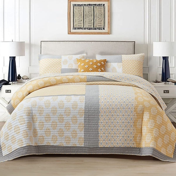 Finlonte Quilts Queen Size, 100% Cotton Lightweight, Real-Patchwork Farmhouse Floral Bedspreads for Queen Bed, Yellow Grey White Reversible Bedding Set All Season, 3 Pieces